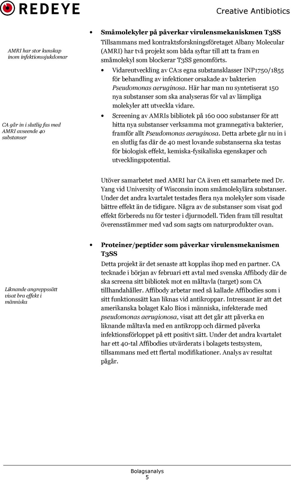 Vidareutveckling av CA:s egna substansklasser INP1750/1855 för behandling av infektioner orsakade av bakterien Pseudomonas aeruginosa.