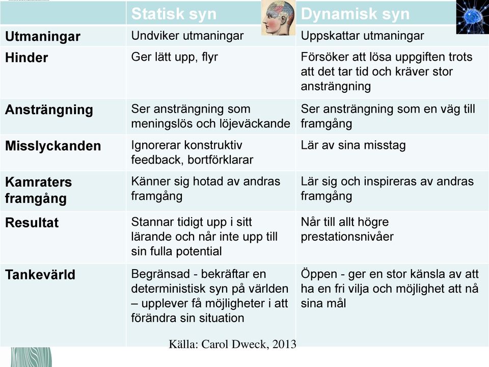 upp i sitt lärande och når inte upp till sin fulla potential Begränsad - bekräftar en deterministisk syn på världen upplever få möjligheter i att förändra sin situation Källa: Carol Dweck, 2013 Ser