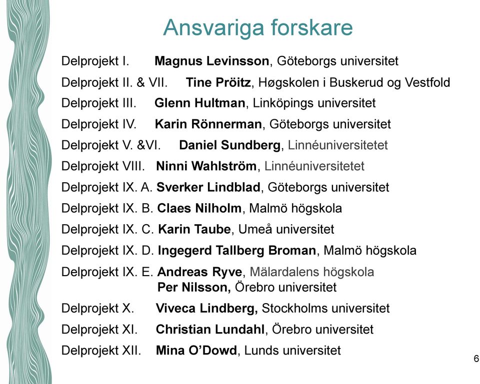 Delprojekt VIII. Ninni Wahlström, Linnéuniversitetet Delprojekt IX. A. Sverker Lindblad, Göteborgs universitet Delprojekt IX. B. Claes Nilholm, Malmö högskola Delprojekt IX. C. Karin Taube, Umeå universitet Delprojekt IX.