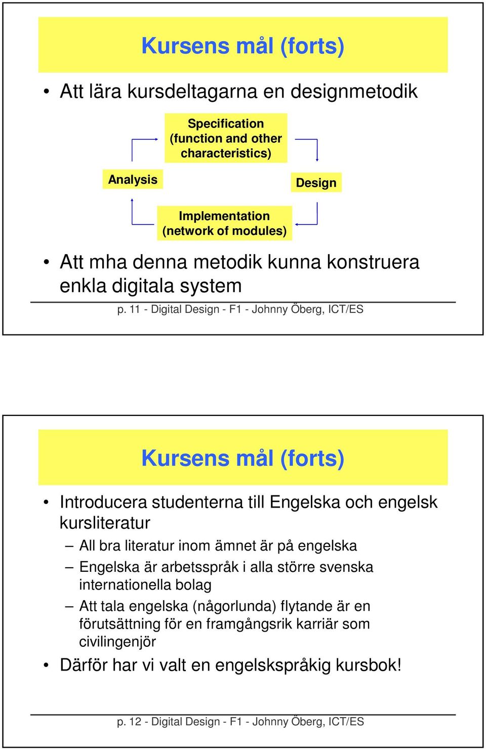 - Digital Design - F - Johnny Öberg, ICT/ES Kursens mål (forts) Introducera studenterna till Engelska och engelsk kursliteratur All bra literatur inom ämnet är på