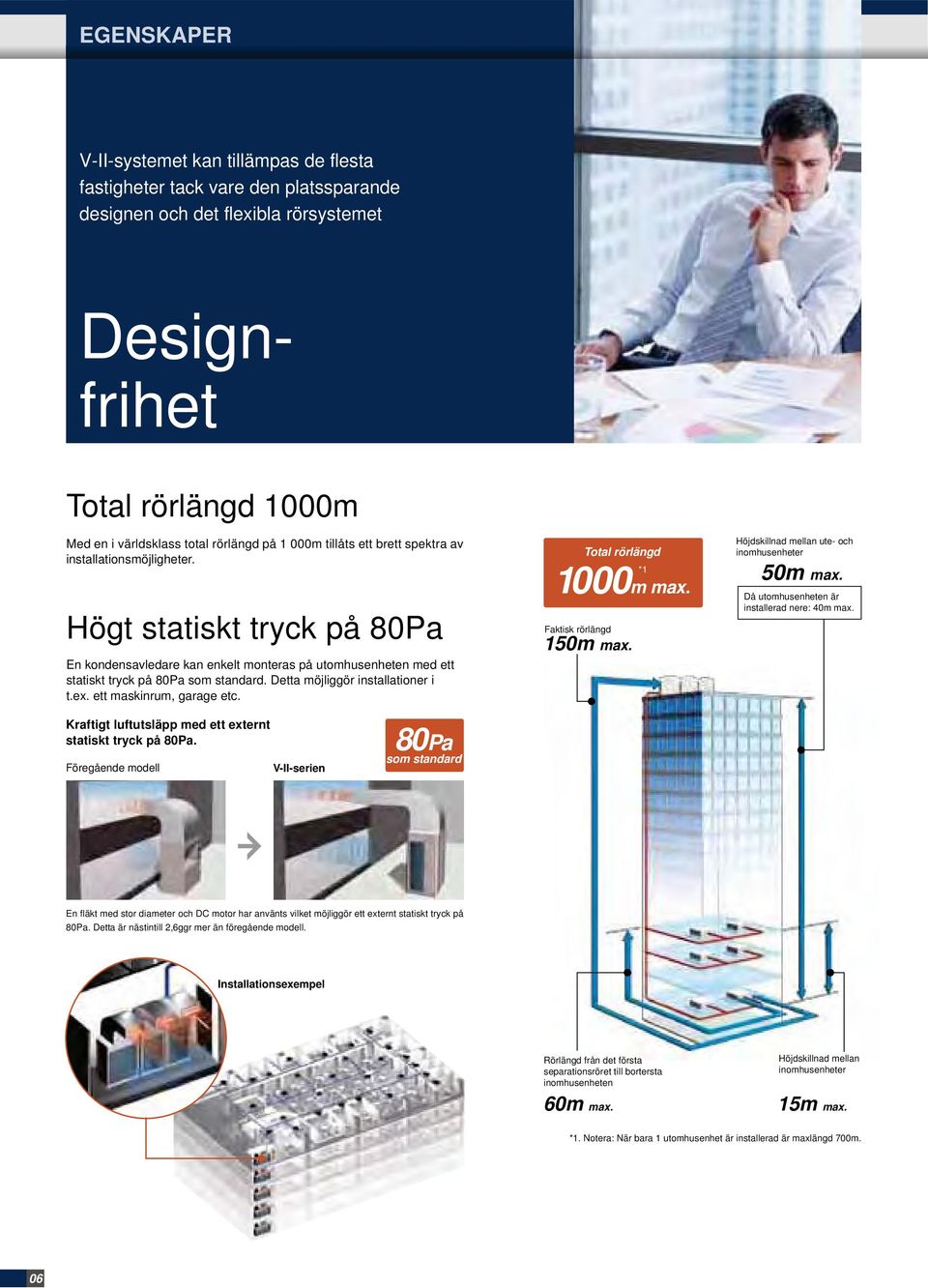 Detta möjliggör installationer i t.ex. ett maskinrum, garage etc. Total rörlängd *1 1000m max. Faktisk rörlängd 150m max. Höjdskillnad mellan ute och inomhusenheter 50m max.