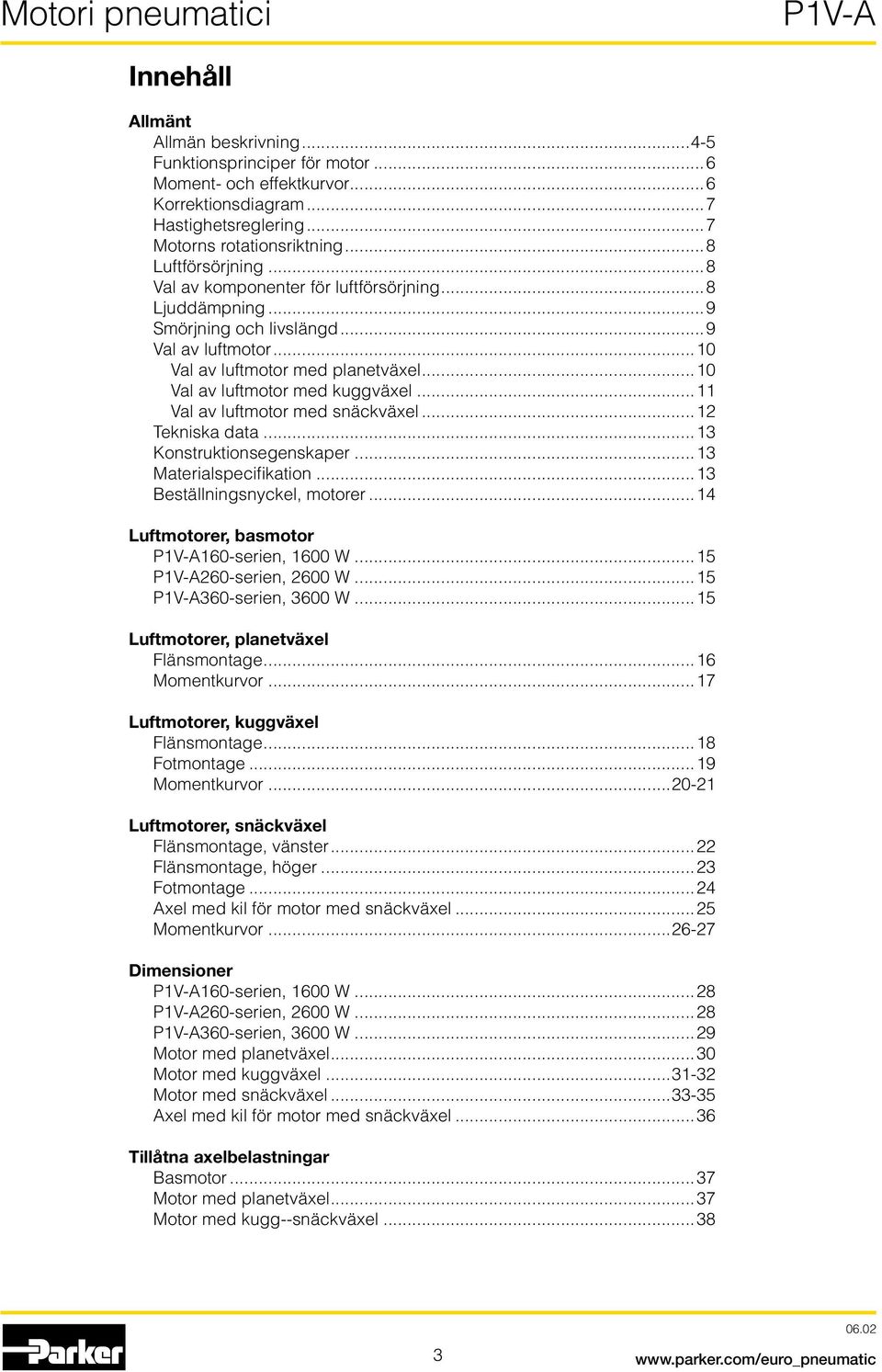 ..10 Val av luftmotor med kuggväxel...11 Val av luftmotor med snäckväxel...12 Tekniska data...13 Konstruktionsegenskaper...13 aterialspecifikation...13 Beställningsnyckel, motorer.