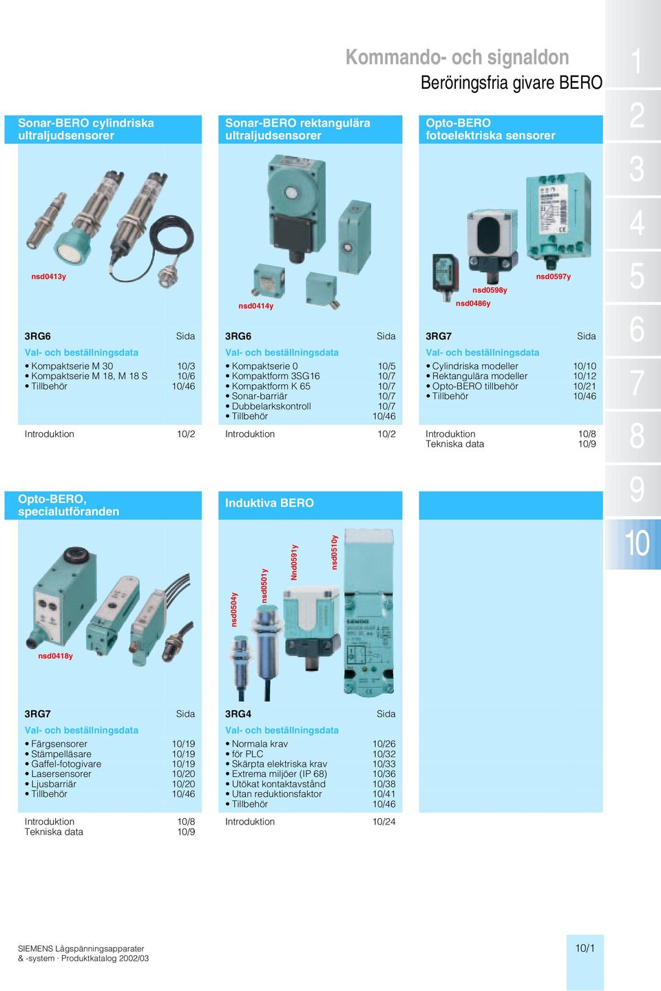 Kompaktserie M 18, M 18 S 10/6 Kompaktform 3SG16 10/7 Rektangulära modeller 10/12 Tillbehör 10/46 Kompaktform K65 10/7 Opto-BERO tillbehör 10/21 Sonar-barriär 10/7 Tillbehör 10/46 Dubbelarkskontroll