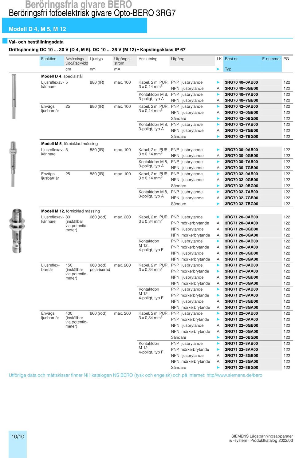 100 Kabel, 2 m, PUR,, ljusbrytande 3RG70 40 0AB00 3 x 0,14 mm 2 NPN, ljusbrytande A 3RG70 40 0GB00 Kontaktdon M 8,, ljusbrytande 3RG70 40 7AB00 3-poligt, typ A NPN, ljusbrytande A 3RG70 40 7GB00 25