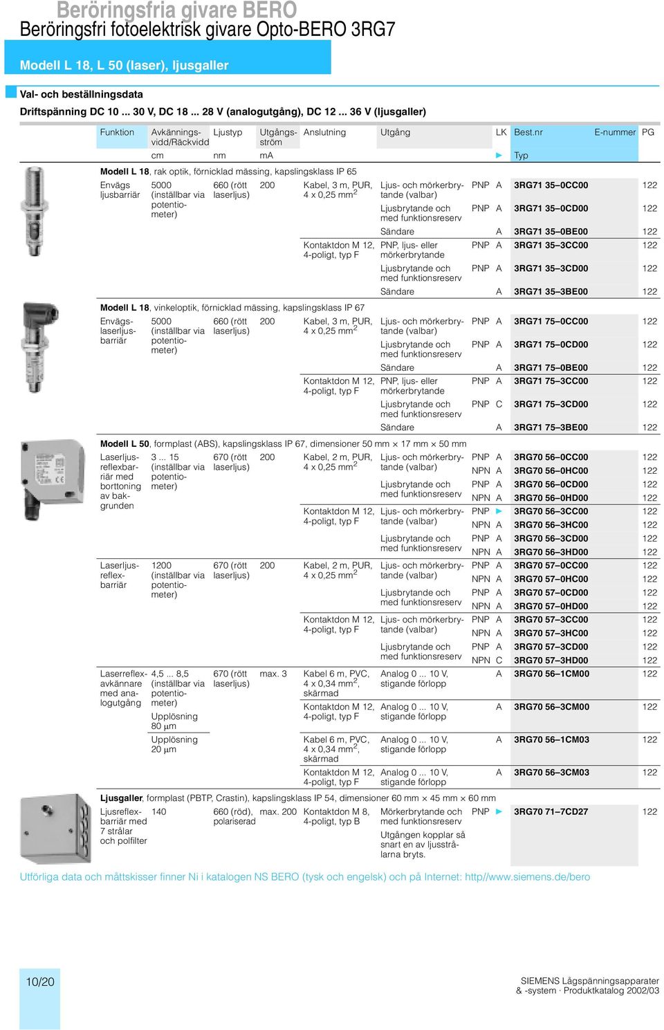 laserljus) 200 Kabel, 3 m, PUR, A 3RG71 35 000 4 x 0,25 mm 2 Ljus- och Ljusbrytande och A 3RG71 35 0D00 Sändare A 3RG71 35 0BE00 Modell L 18, vinkeloptik, förnicklad, kapslingsklass IP 67