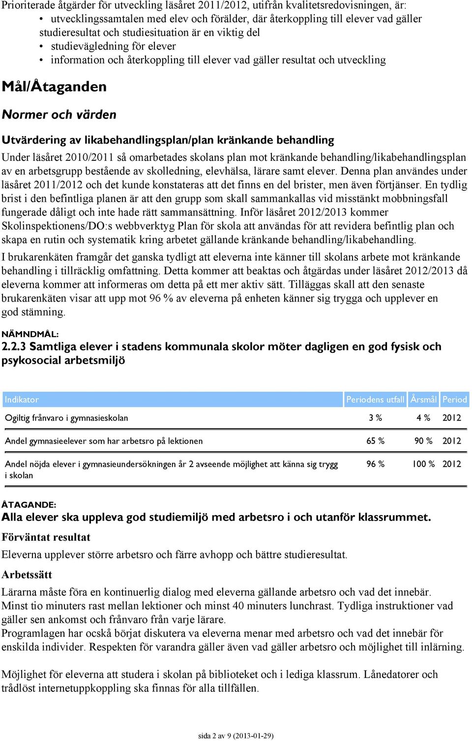 likabehandlingsplan/plan kränkande behandling Under läsåret 2010/2011 så omarbetades skolans plan mot kränkande behandling/likabehandlingsplan av en arbetsgrupp bestående av skolledning, elevhälsa,