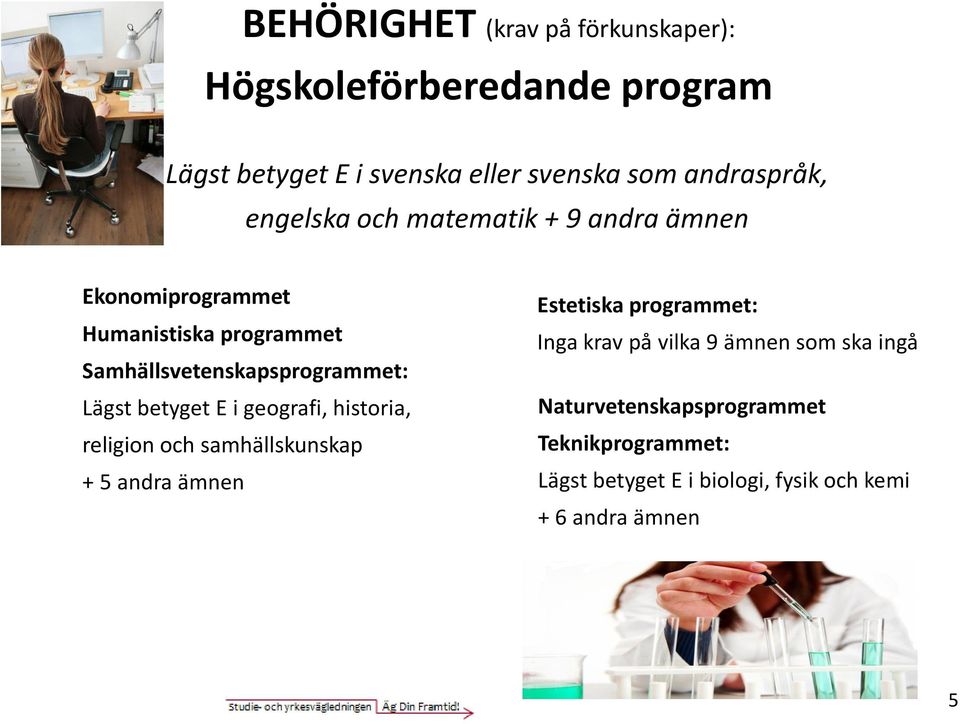 betyget E i geografi, historia, religion och samhällskunskap + 5 andra ämnen Estetiska programmet: Inga krav på vilka 9