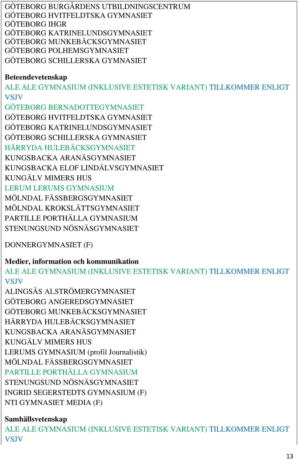 DONNERGYMNASIET (F) Medier, information och kommunikation ALE ALE GYMNASIUM (INKLUSIVE ESTETISK VARIANT) TILLKOMMER ENLIGT VSJV GÖTEBORG MUNKEBÄCKSGYMNASIET (profil