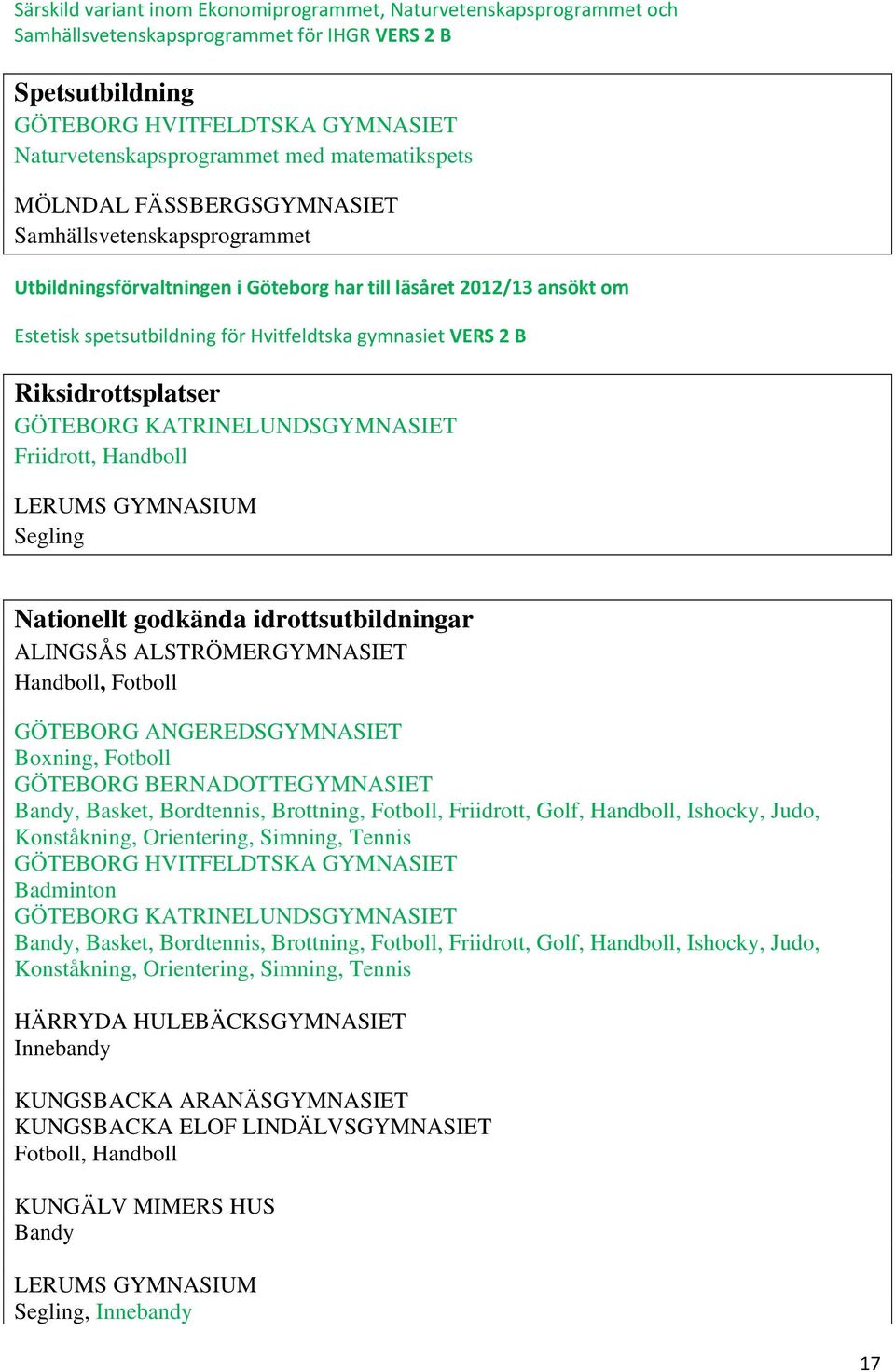 Segling Nationellt godkända idrottsutbildningar Handboll, Fotboll Boxning, Fotboll GÖTEBORG BERNADOTTEGYMNASIET Bandy, Basket, Bordtennis, Brottning, Fotboll, Friidrott, Golf, Handboll, Ishocky,