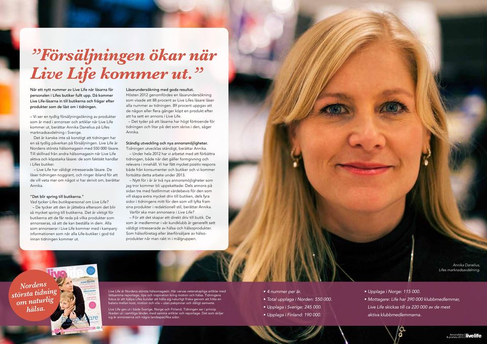Vi ser en tydlig försäljningsökning av produkter som är med i annonser och artiklar när Live Life kommer ut, berättar Annika Danelius på Lifes marknadsavdelning i Sverige.