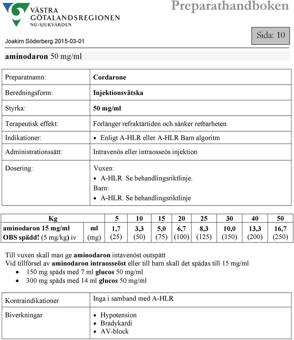 (5 mg/kg) iv Kg 5 10 15 20 25 30 40 50 1,7 3,3 5,0 6,7 8,3 10,0 13,3 (25) (50) (75) (100) (125) (150) (200) Till vuxen skall man ge aminodaron intavenöst outspätt Vid