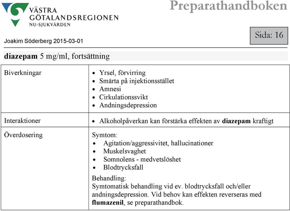 Symtom: Agitation/aggressivitet, hallucinationer Muskelsvaghet Somnolens - medvetslöshet Blodtrycksfall Behandling: