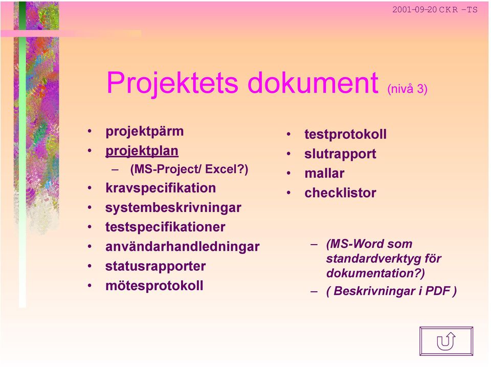 användarhandledningar statusrapporter mötesprotokoll testprotokoll