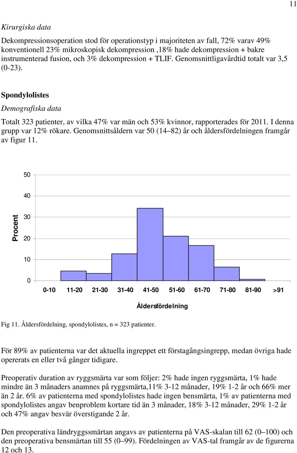 I denna grupp var 12% rökare. Genomsnittsåldern var 5 (14 82) år och åldersfördelningen framgår av figur 11. 5 4 Procent 3 2 1-1 11-2 21-3 31-4 41-5 51-6 61-7 71-8 81-9 >91 Åldersfördelning Fig 11.