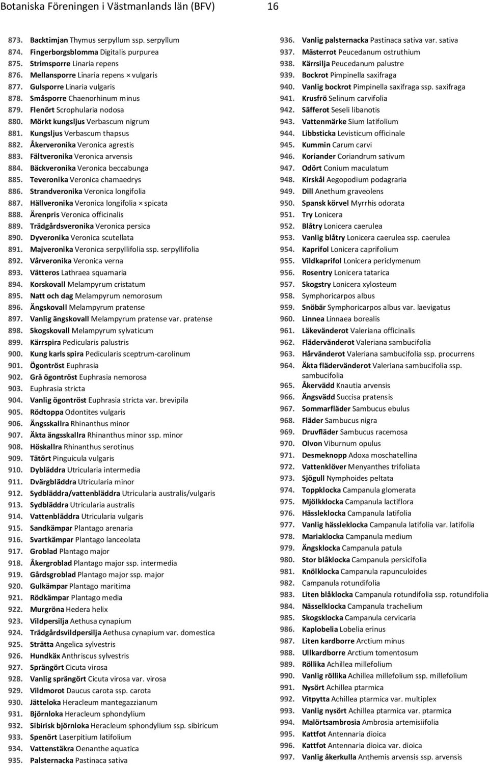 Kungsljus Verbascum thapsus 882. Åkerveronika Veronica agrestis 883. Fältveronika Veronica arvensis 884. Bäckveronika Veronica beccabunga 885. Teveronika Veronica chamaedrys 886.