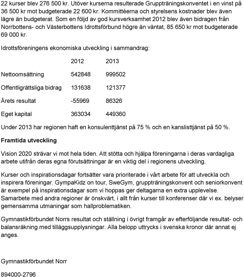 Idrottsföreningens ekonomiska utveckling i sammandrag: 2012 2013 Nettoomsättning 542848 999502 Offentligrättsliga bidrag 131638 121377 Årets resultat -55969 86326 Eget kapital 363034 449360 Under