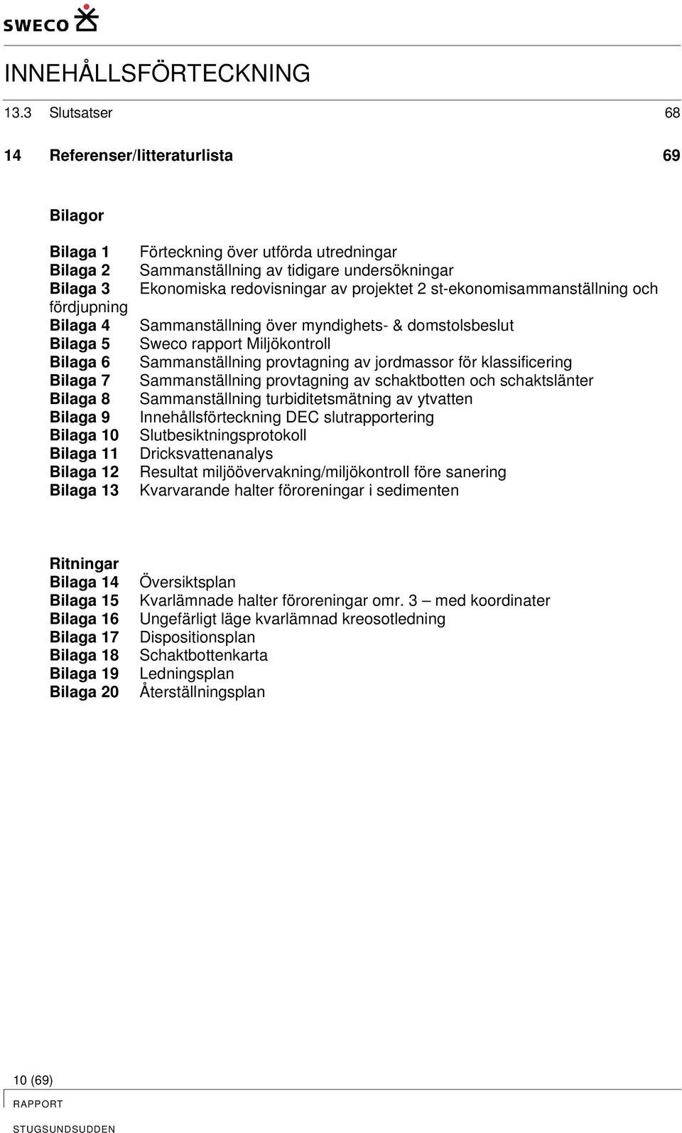 Förteckning över utförda utredningar Sammanställning av tidigare undersökningar Ekonomiska redovisningar av projektet 2 st-ekonomisammanställning och Sammanställning över myndighets- & domstolsbeslut