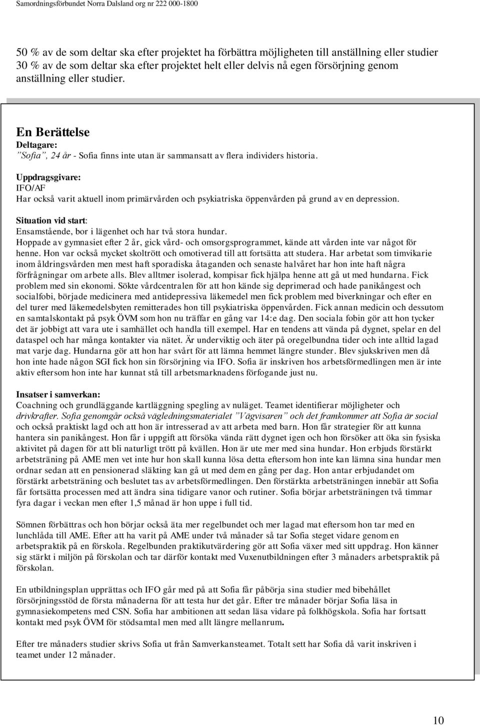 Uppdragsgivare: IFO/AF Har också varit aktuell inom primärvården och psykiatriska öppenvården på grund av en depression. Situation vid start: Ensamstående, bor i lägenhet och har två stora hundar.
