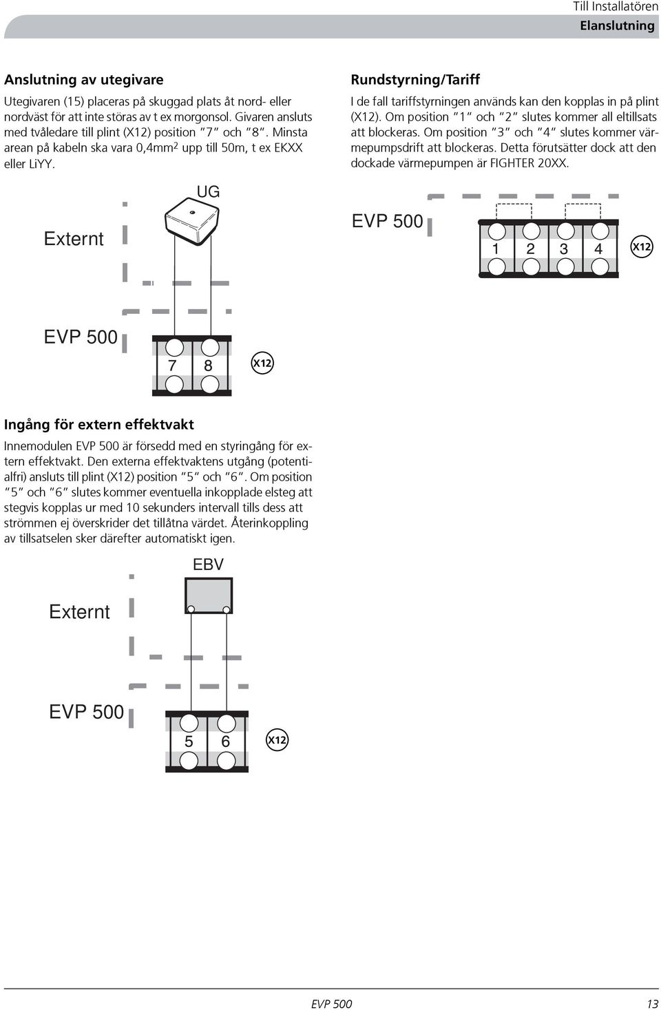 Rundstyrning/Tariff EBV I de fall tariffstyrningen används kan den kopplas in på plint (X12). Om position 1 och 2 slutes kommer all eltillsats att Externt blockeras.
