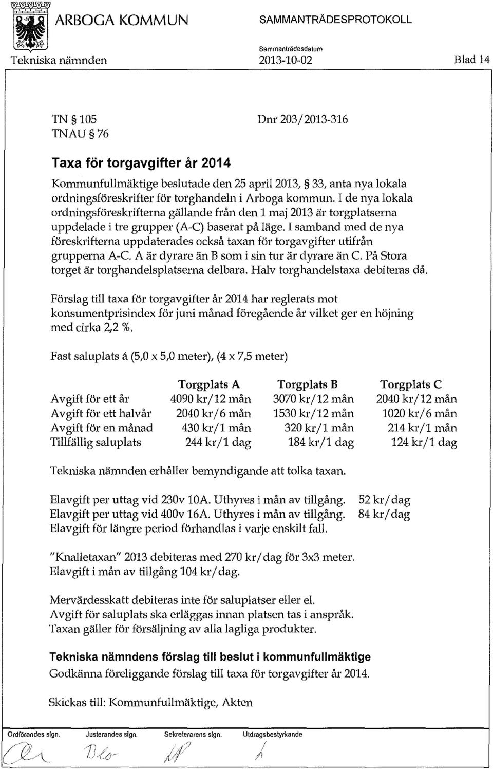 I samband med de nya föreskrifterna uppdaterades också taxan för torgavgifter utifrån grupperna A-C. A är dyrare än B som i sin tur är dyrare än C. På Stora torget är torghandelsplatserna delbara.