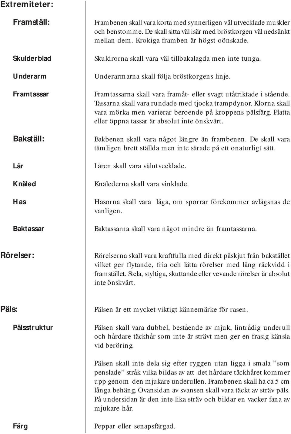 Framtassarna skall vara framåt- eller svagt utåtriktade i stående. Tassarna skall vara rundade med tjocka trampdynor. Klorna skall vara mörka men varierar beroende på kroppens pälsfärg.