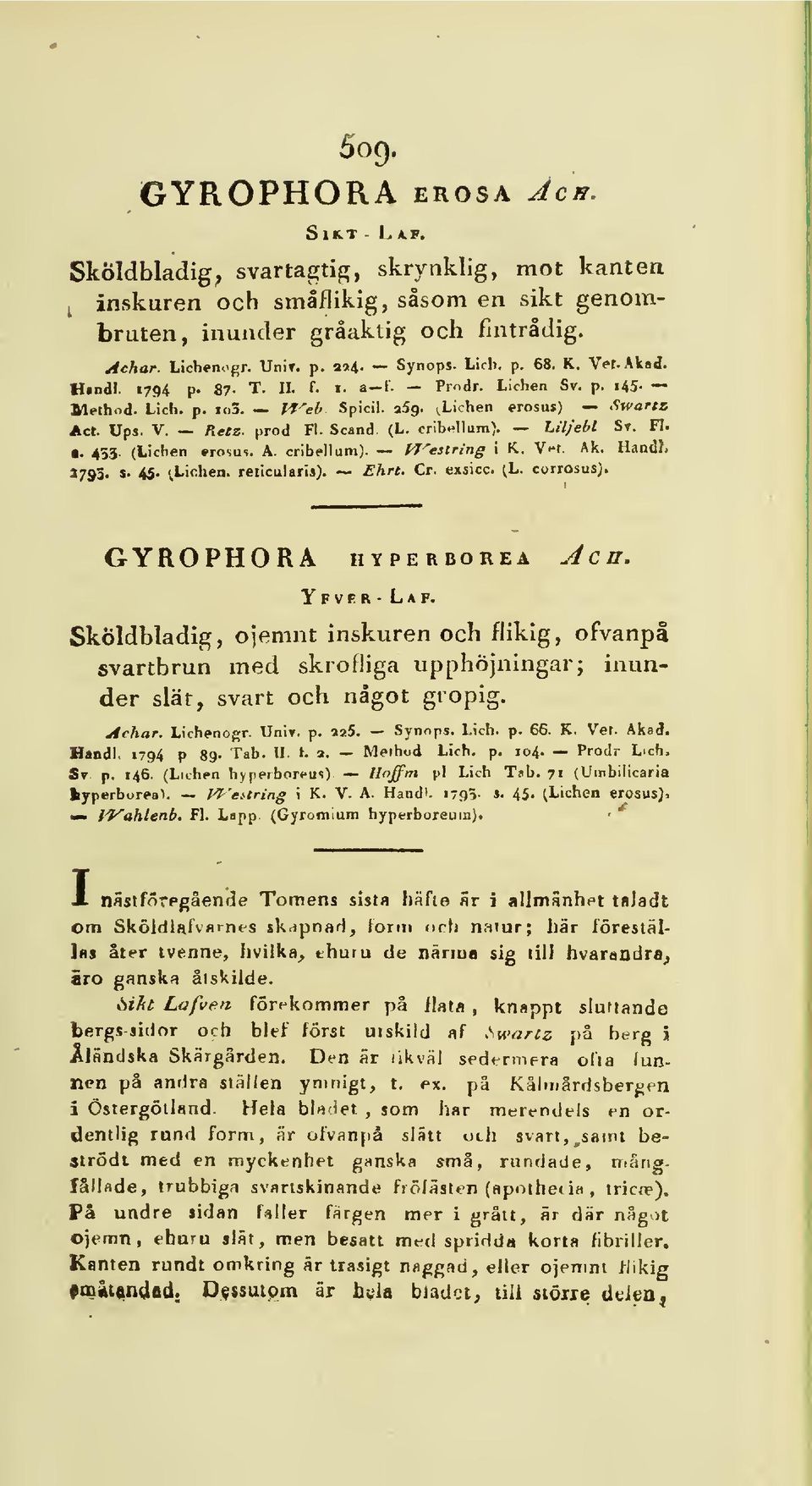 Scand. (L. crib^llum). Lil/ebt Sr. Fl. 453 (Lichen»rosus. A. cribellum). P7^estring i K. V^t. Ak. Handh»793. s. 4j. ^.Lichen. reiicularis). ~ Ehrt. Cr. exsicc. (L. corrosusj. GYROPHORA hyperborea Jen.