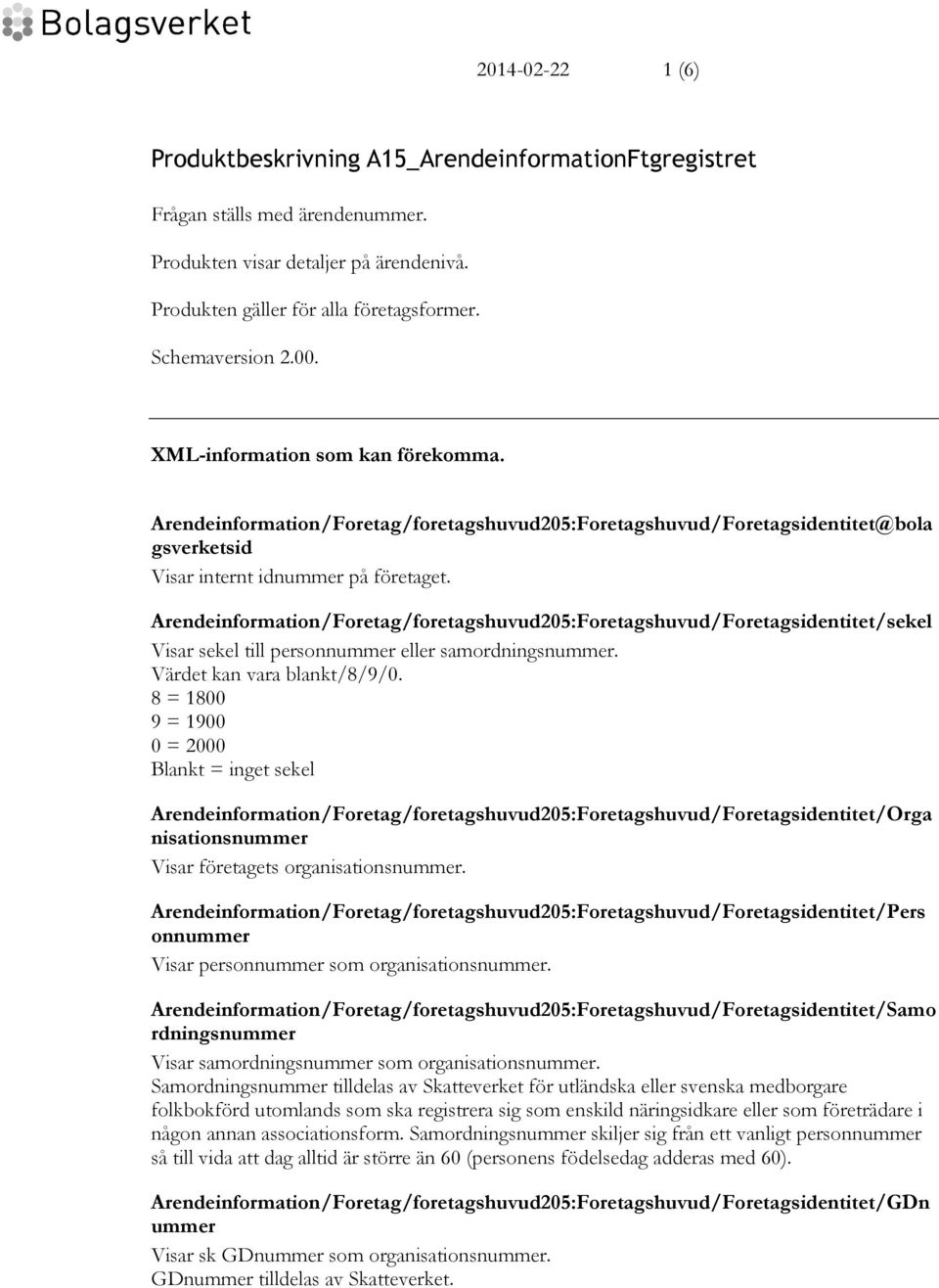 Arendeinformation/Foretag/foretagshuvud205:Foretagshuvud/Foretagsidentitet/sekel Visar sekel till personnummer eller samordningsnummer. Värdet kan vara blankt/8/9/0.