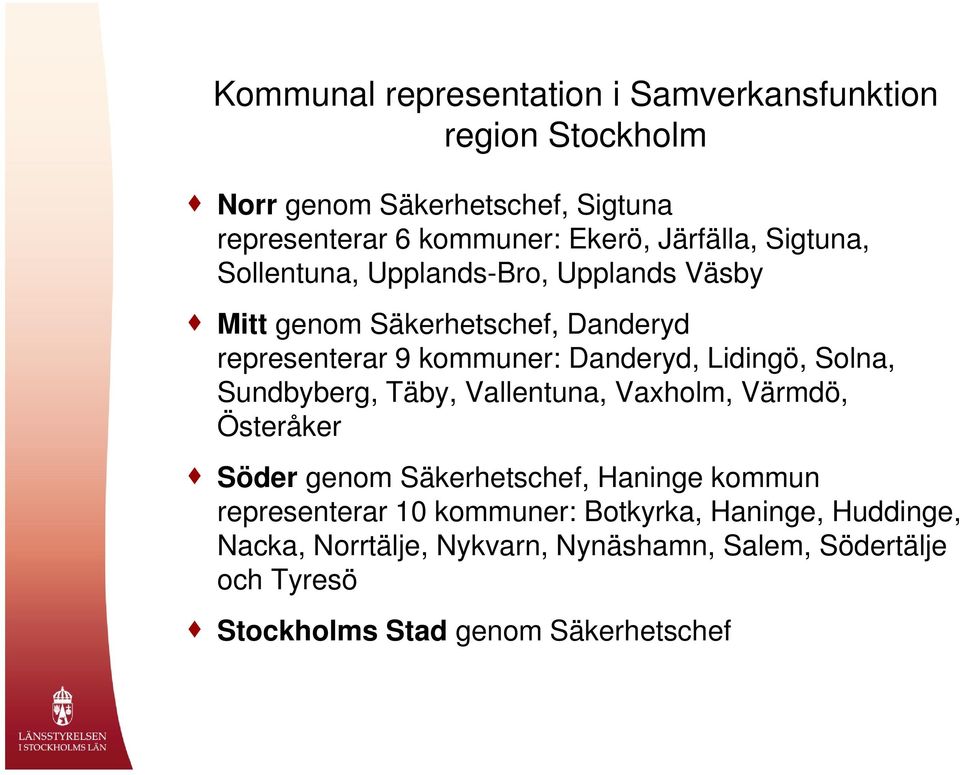 Lidingö, Solna, Sundbyberg, Täby, Vallentuna, Vaxholm, Värmdö, Österåker Söder genom Säkerhetschef, Haninge kommun representerar 10