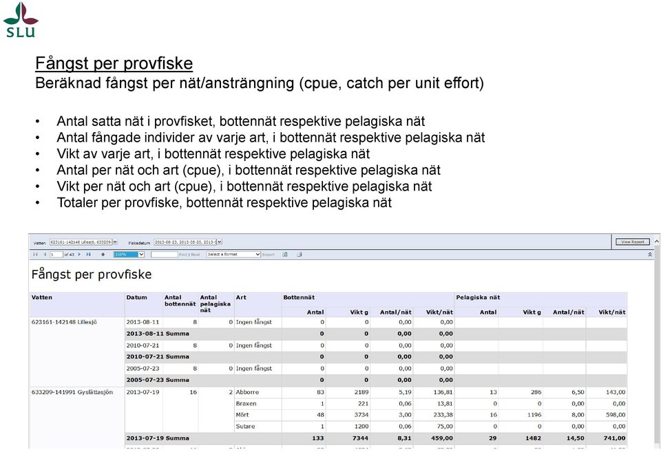 varje art, i bottennät respektive pelagiska nät Antal per nät och art (cpue), i bottennät respektive pelagiska nät