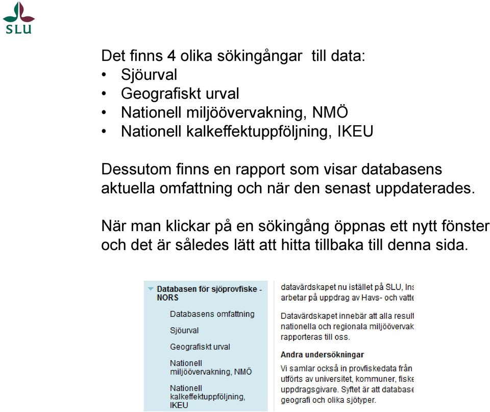 som visar databasens aktuella omfattning och när den senast uppdaterades.