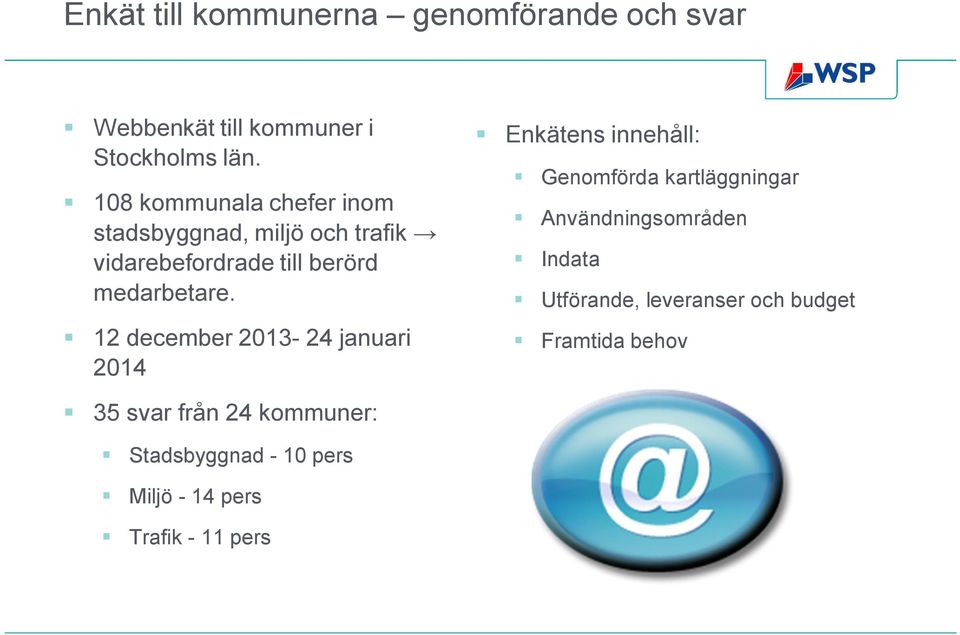 12 december 2013-24 januari 2014 Enkätens innehåll: Genomförda kartläggningar Användningsområden Indata