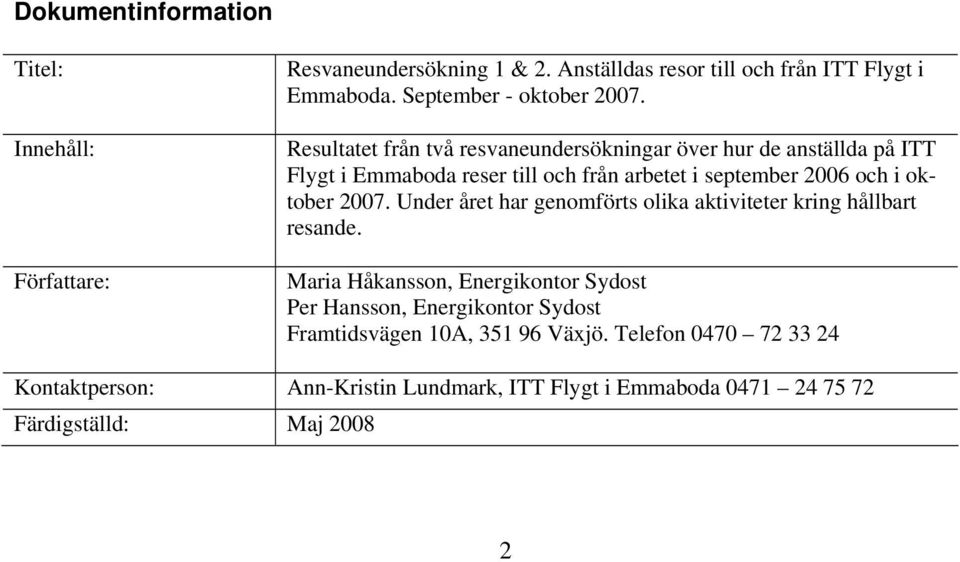 Resultatet från två resvaneundersökningar över hur de anställda på ITT Flygt i Emmaboda reser till och från arbetet i september 2006 och i oktober