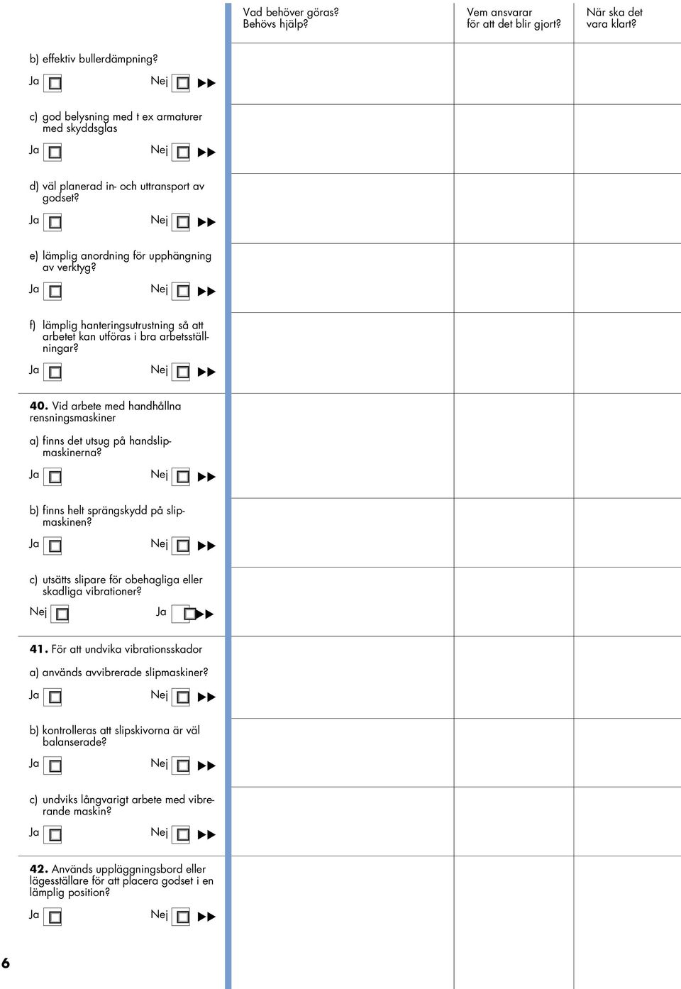 Ja Nej b) finns helt sprängskydd på slipmaskinen? Ja Nej c) utsätts slipare för obehagliga eller skadliga vibrationer? Nej Ja 41. För att undvika vibrationsskador a) används avvibrerade slipmaskiner?