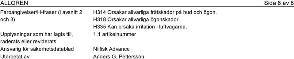 Orsakar allvarliga frätskador på hud och ögon. H318 Orsakar allvarliga ögonskador.