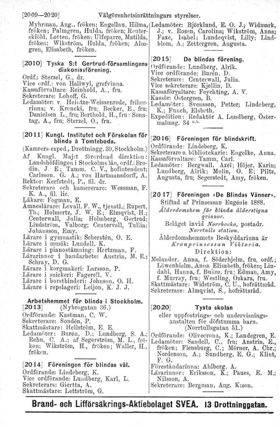 gren, Elisabeth, fröken. [2015J De blindas förening. [20!OJ Tyska Sit Gertrud-församlingens Ordförando: Lundberg, Alrik. diakonissförening. Vice ordförande: Buren, D. Ordf.: Sterzel, G., dr.