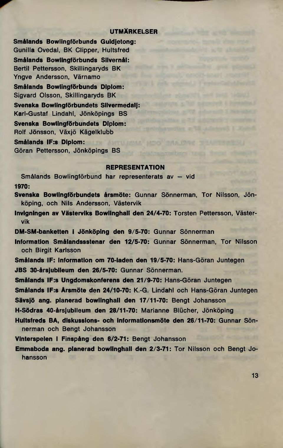 Kägelklubb Sm älands IF:s Diplom : Göran Pettersson, Jönköpings BS R E P R E S E N T A T IO N Sm ålands Bowlingförbund har representerats av vid 1970: Svenska Bowlingförbundets ärsmöte: Gunnar