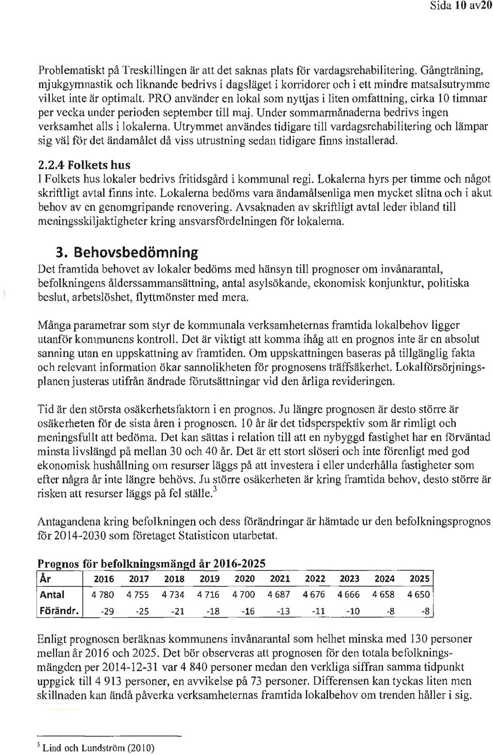 PRO använder en lokal som nyttjas i liten omfattning, cirka 10 timmar per vecka under perioden september till maj. Under sommarmånaderna bedrivs ingen verksamhet alls i lokalerna.