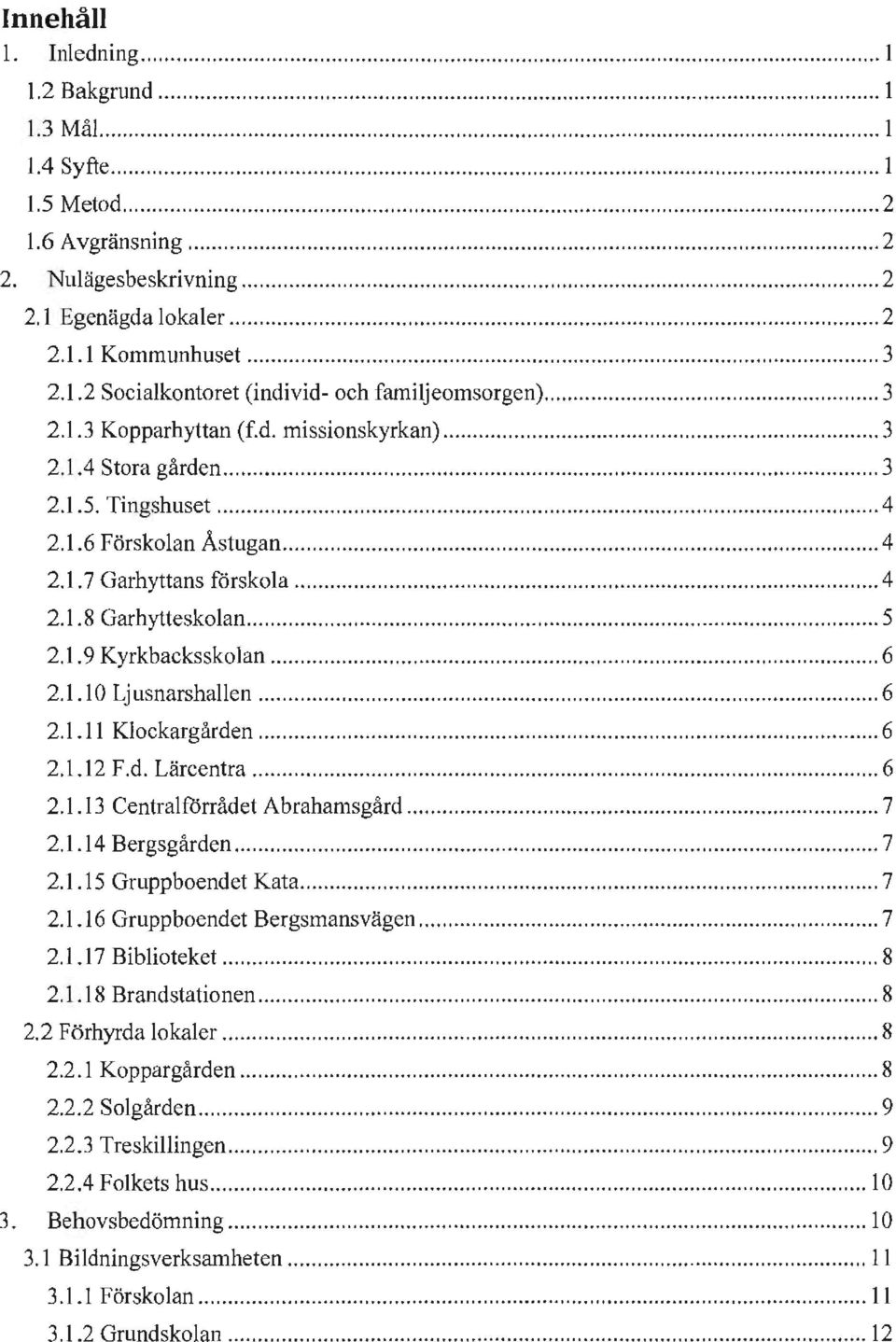 .. 4 2.1.8 Garhytteskolan... 5 2. 1.9 Kyrkbacksskolan........ 6 2. 1.1 0 Ljusnarshallen... 6 2.1.1 1 Klockargården......... 6 2.1.12 F.d. Lärcentra... 6 2.1. 13 Centralförrådet Abrahams gård... 7 2.1.14 Bergsgården.