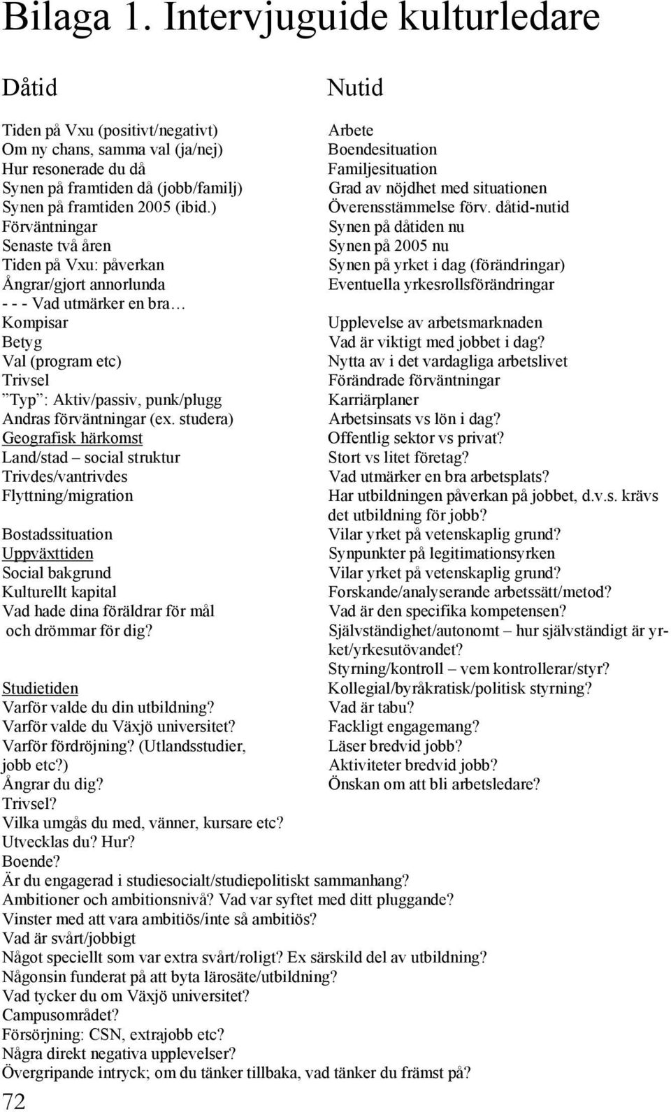 ) Förväntningar Senaste två åren Tiden på Vxu: påverkan Ångrar/gjort annorlunda - - - Vad utmärker en bra Kompisar Betyg Val (program etc) Trivsel Typ : Aktiv/passiv, punk/plugg Andras förväntningar