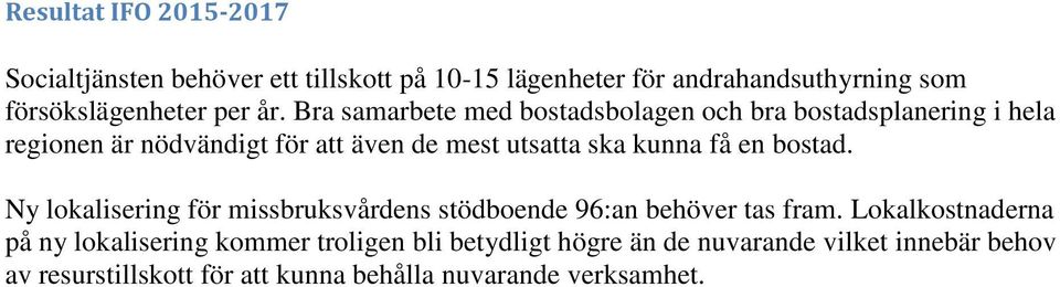 kunna få en bostad. Ny lokalisering för missbruksvårdens stödboende 96:an behöver tas fram.