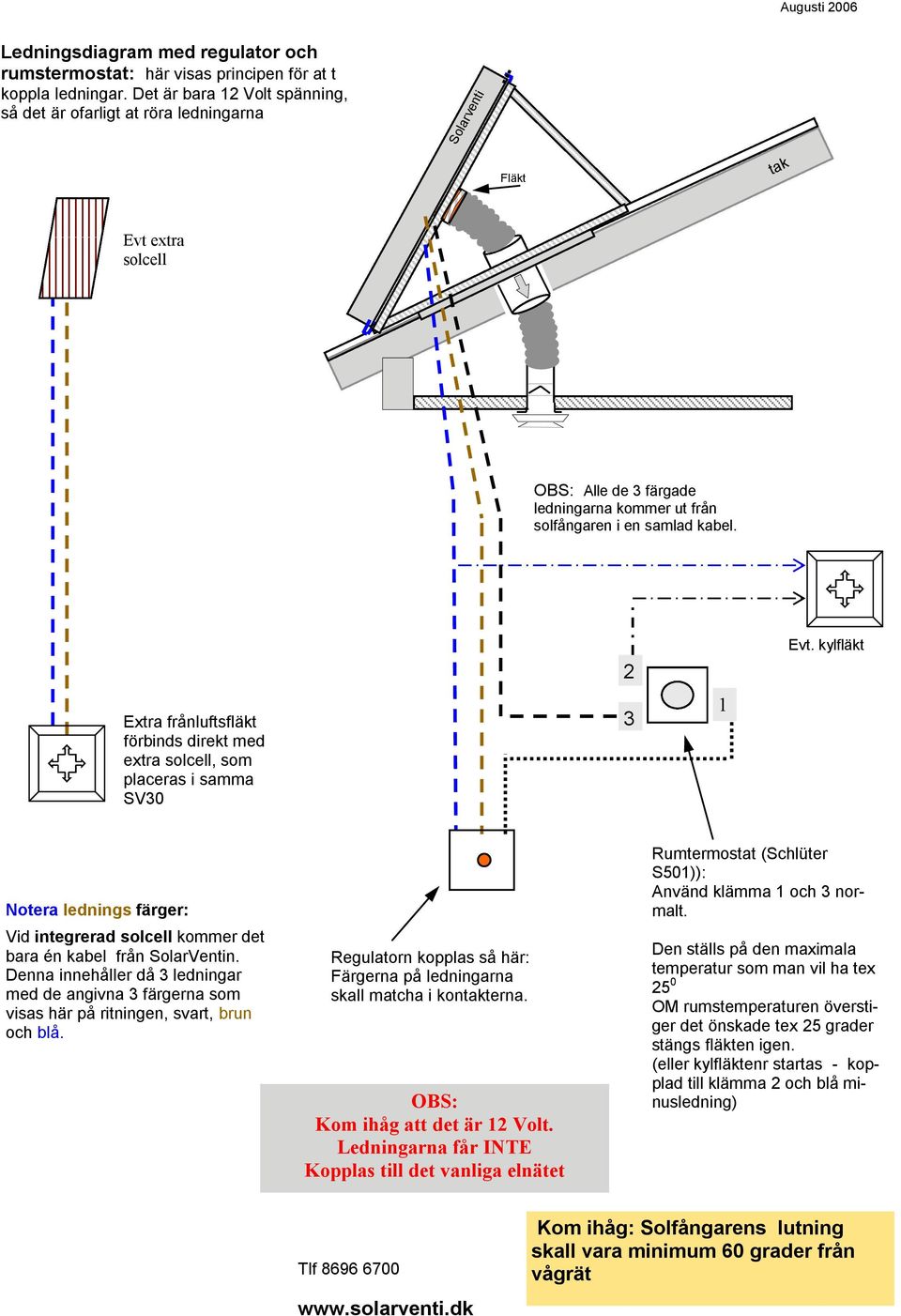 Extra frånluftsfläkt förbinds direkt med extra solcell, som placeras i samma SV30 2 3 1 Evt. kylfläkt Notera lednings färger: Vid integrerad solcell kommer det bara én kabel från SolarVentin.