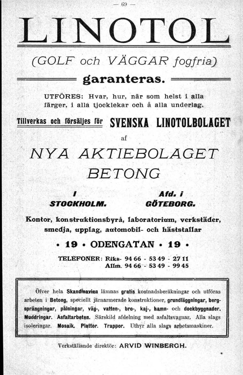 .konstruktionsbyrå, laboratorium, verkstäd~r; smedja; upplag, automobif- och. histstal1ar., I '. 19 ODENGATAN 1'9.. TELEFONER : Riks. 94 66 5349 :' 2'711. Al1tit.