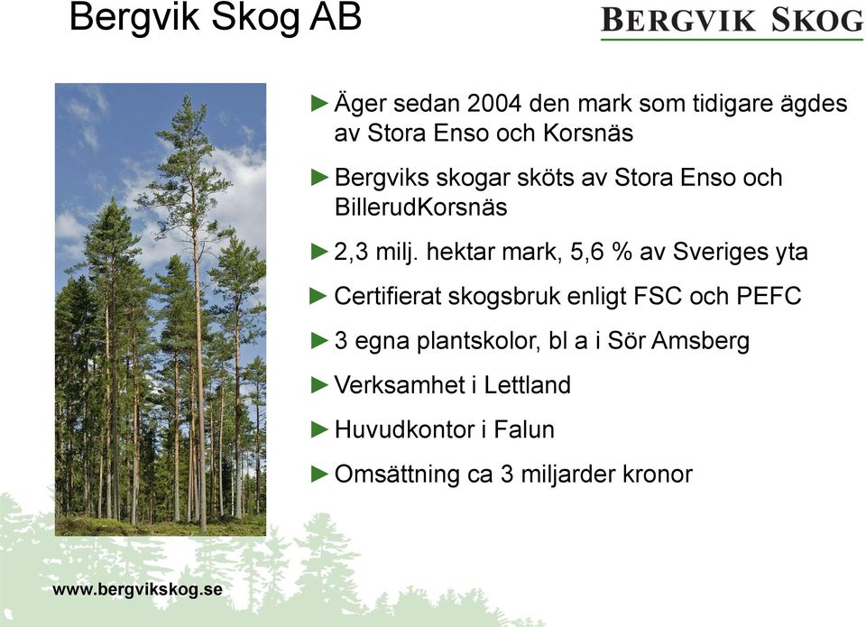 hektar mark, 5,6 % av Sveriges yta Certifierat skogsbruk enligt FSC och PEFC 3 egna