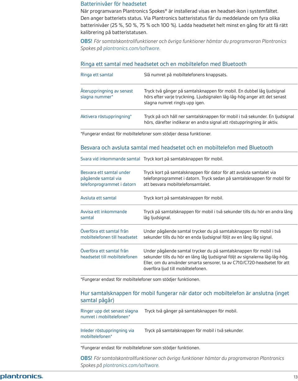 För samtalskontrollfunktioner och övriga funktioner hämtar du programvaran Plantronics Spokes på plantronics.com/software.