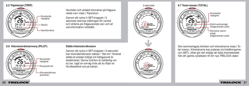 7 Total-menyn (TOTAL) Nuvarande hastighet Körtid sammanlagt (ifrågavarande cykel) Kilometrar sammanlagt (ifrågavarande cykel) 6.