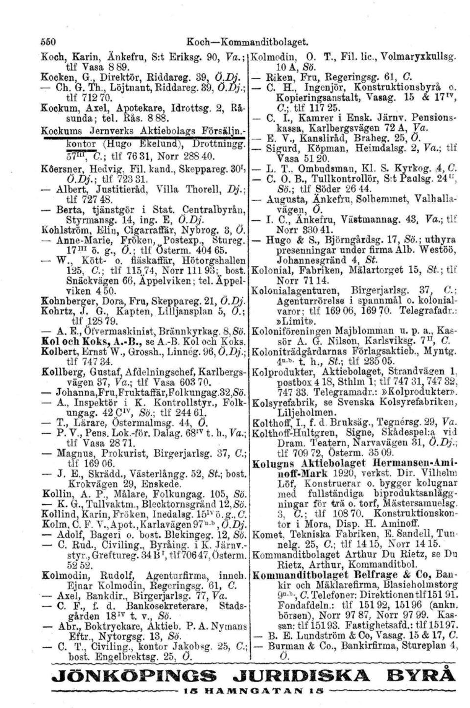 15 & 17 IV, Kockum, Axel, Apotekare, Idrottsg. 2, Rå- O.; tlf 11725. sunda; tel. Rås. 888. - C. L, Kamrer i Ensk. Järnv. Pensions- Kockums Jernverks Aktiebolags Försä.ljn.