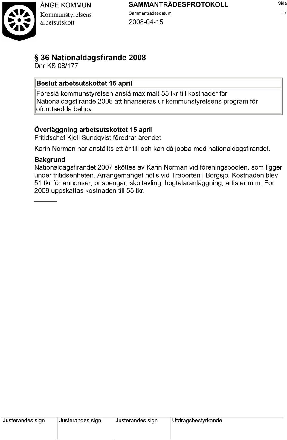 Överläggning et 15 april Fritidschef Kjell Sundqvist föredrar ärendet Karin Norman har anställts ett år till och kan då jobba med nationaldagsfirandet.