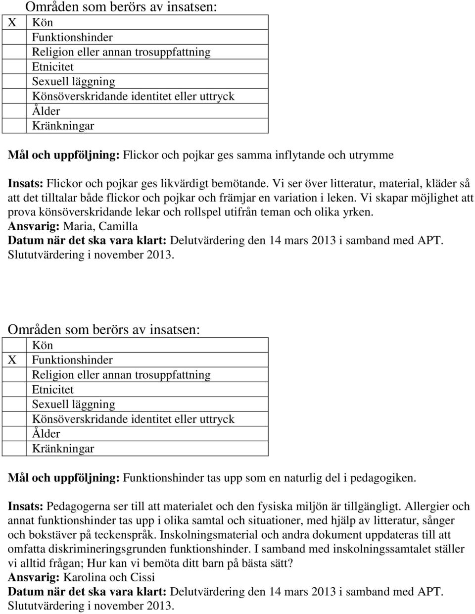 Vi ser över litteratur, material, kläder så att det tilltalar både flickor och pojkar och främjar en variation i leken.