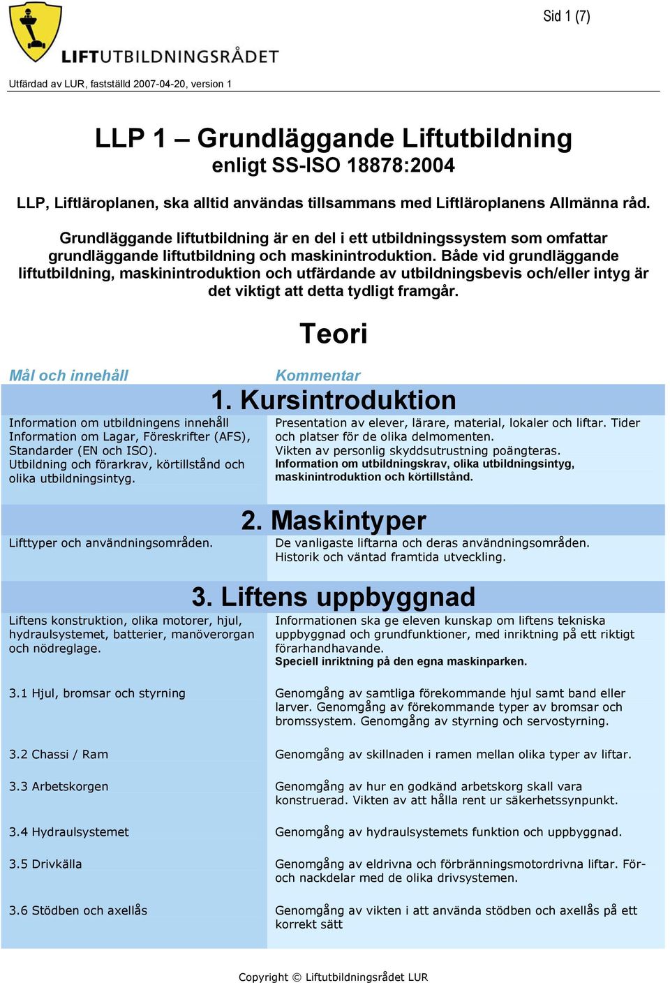 Både vid grundläggande liftutbildning, maskinintroduktion och utfärdande av utbildningsbevis och/eller intyg är det viktigt att detta tydligt framgår.