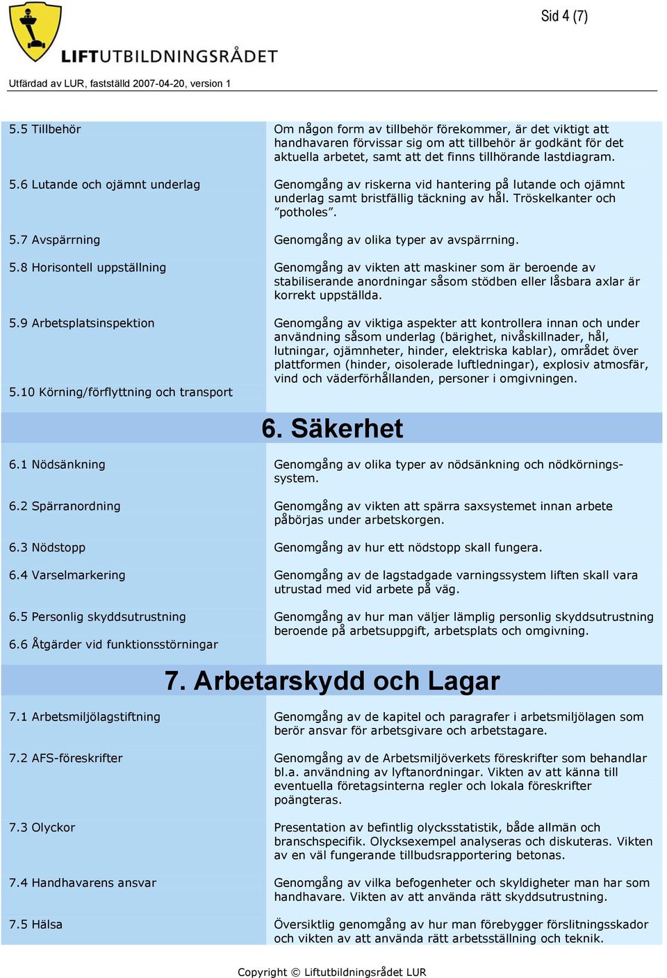 6 Lutande och ojämnt underlag Genomgång av riskerna vid hantering på lutande och ojämnt underlag samt bristfällig täckning av hål. Tröskelkanter och potholes. 5.